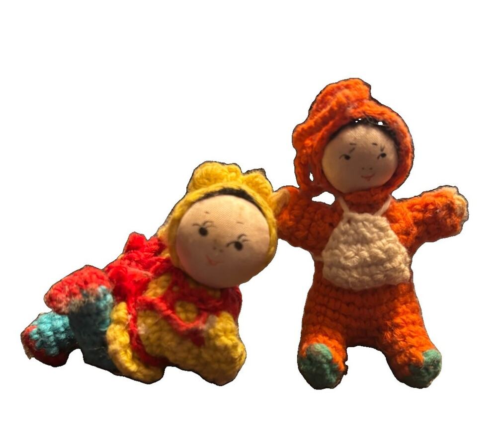 AMIGURUMI Miniature, 2" Japanese ๏ฟผ Crochet๏ฟผ Knitted Stuffed Doll Lot Of 2 vtg